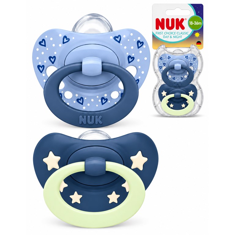 SET CHUPETES FIRST CHOICE CLASSIC DIA Y NOCHE 18-36 MESES AZUL. NUK