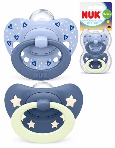 SET CHUPETES FIRST CHOICE CLASSIC DIA Y NOCHE 18-36 MESES AZUL. NUK