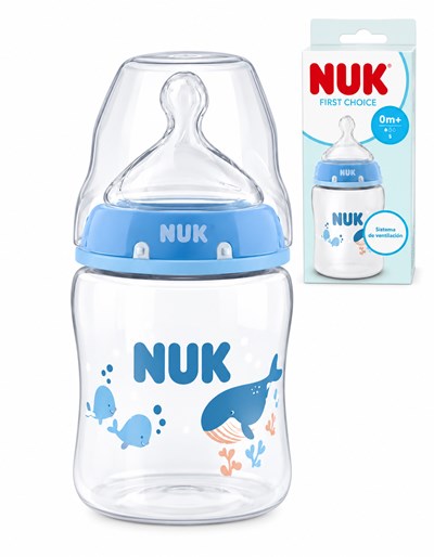 MAMADERA FIRST CHOICE 150ML FLUJO S BALLENA CELESTE. NUK