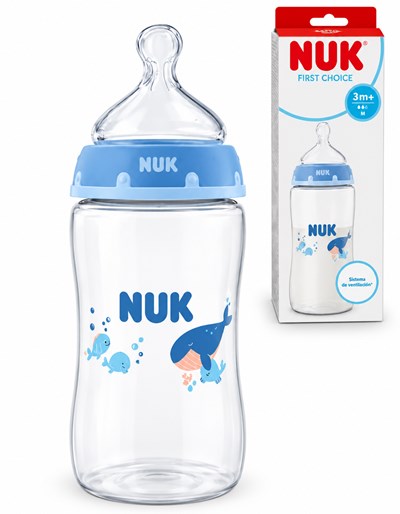 MAMADERA FIRST CHOICE 300 ML FLUJO M BALLENA CELESTE. NUK