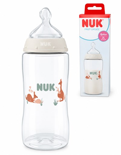 MAMADERA FIRST CHOICE 360ML FLUJO XL CANGURO BLANCO. NUK
