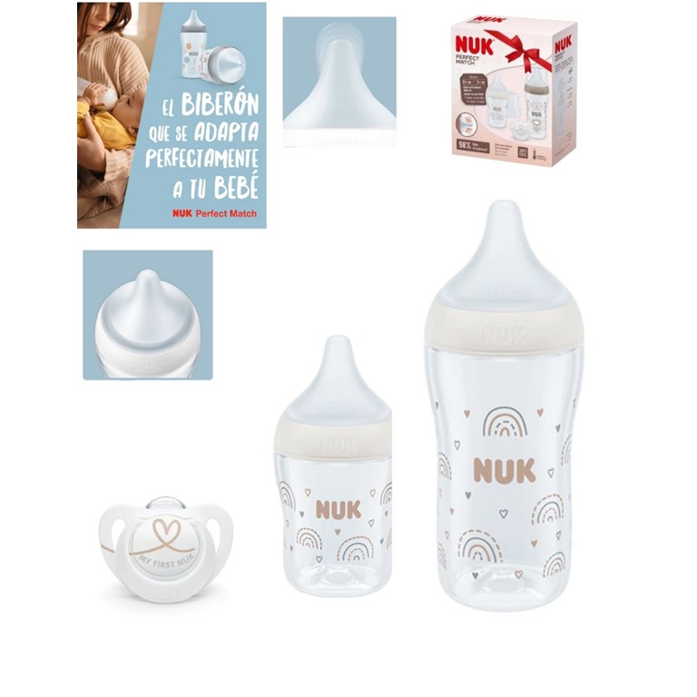 SET 2 MAMADERAS TETINA SILICONA PERFECT MATCH + CHUPETE. NUK