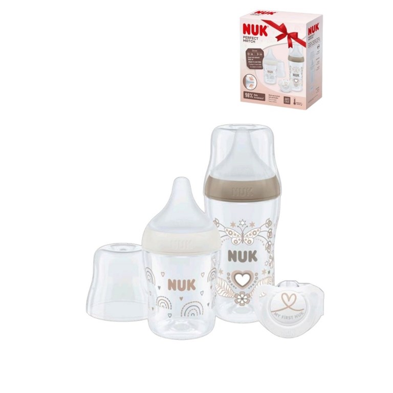 SET 2 MAMADERAS TETINA SILICONA PERFECT MATCH + CHUPETE. NUK