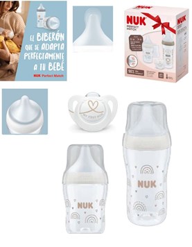 SET 2 MAMADERAS TETINA SILICONA PERFECT MATCH + CHUPETE. NUK