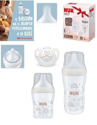 SET 2 MAMADERAS  TETINA  SILICONA PERFECT MATCH + CHUPETE. NUK