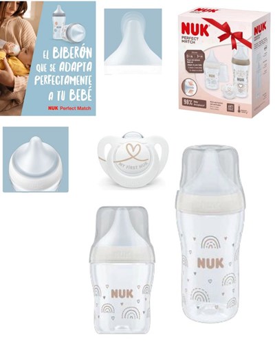 SET 2 MAMADERAS  TETINA  SILICONA PERFECT MATCH + CHUPETE. NUK