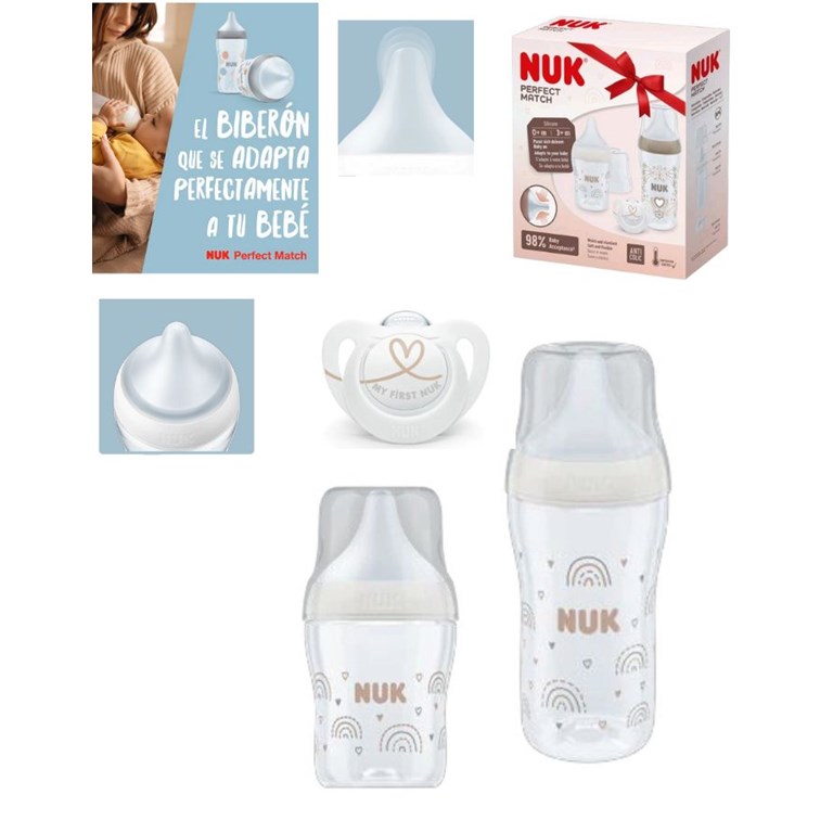 SET 2 MAMADERAS TETINA SILICONA PERFECT MATCH + CHUPETE. NUK