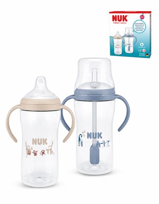 Set 2 vasos de aprendisaje Perfect Match. 260 ml +6m Mono/Pingüino (pico/sorbete). NUK