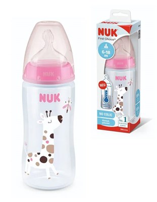 PROMO 30% OFF MAMADERA 6/18 MESES  300 ML CON CONTROL DE TEMPERATURA Y ESTAMPADA JIRAFAS NUK