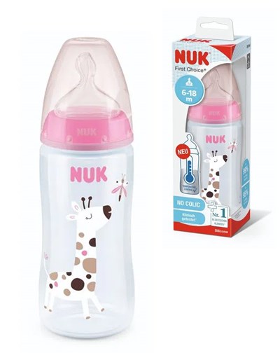 PROMO 30% OFF MAMADERA 6/18 MESES  300 ML CON CONTROL DE TEMPERATURA Y ESTAMPADA JIRAFAS NUK