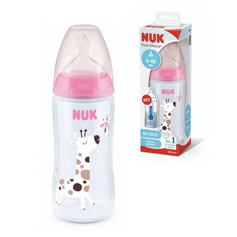 MAMADERA 6/18 MESES  300 ML CON CONTROL DE TEMPERATURA Y ESTAMPADA JIRAFAS NUK