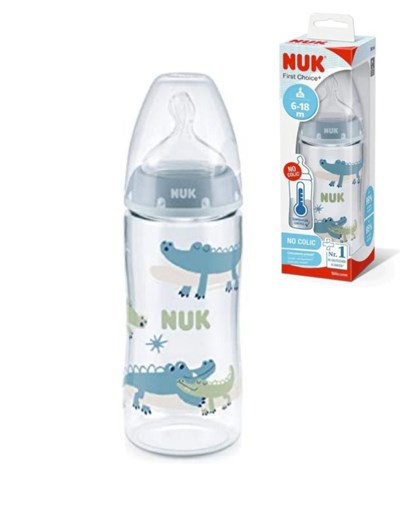 PROMO 30% OFF MAMADERA 6/18 MESES 300ML CON CONTROL DE TEMPERATURA ESTAMPADA COCODRILOS NUK