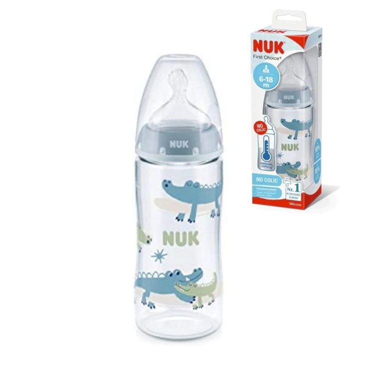 MAMADERA 6/18 MESES 300ML CON CONTROL DE TEMPERATURA ESTAMPADA COCODRILOS NUK