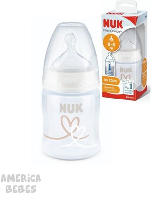 MAMADERA 0/6 MESES 150ML CON CONTROL DE TEMPERATURA Y ESTAMPA CORAZON NUK