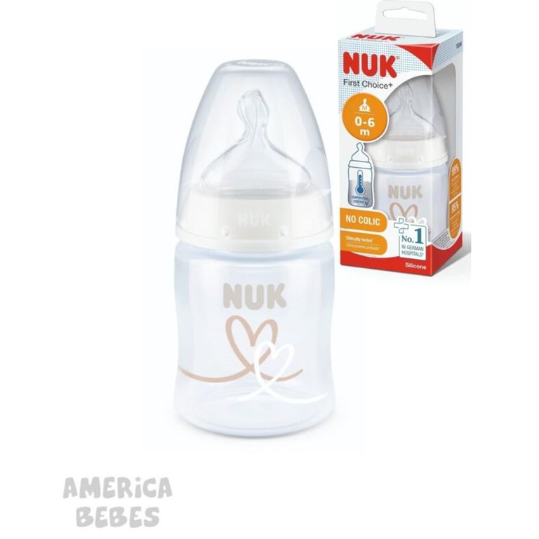 MAMADERA 0/6 MESES 150ML CON CONTROL DE TEMPERATURA Y ESTAMPA CORAZON NUK