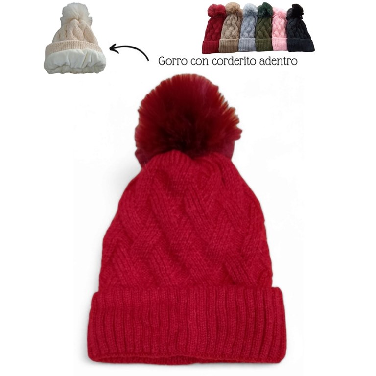 GORRO NENA TRENZA Y POMPON CON PIELCITA ADENTRO. MEDIDAS APROX: 4 A 12 AÑOS.