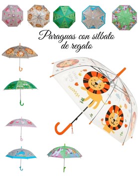 PARAGUAS MANGO LARGA + SILBATO DE REGALO. ESTAMPAS SURTIDAS