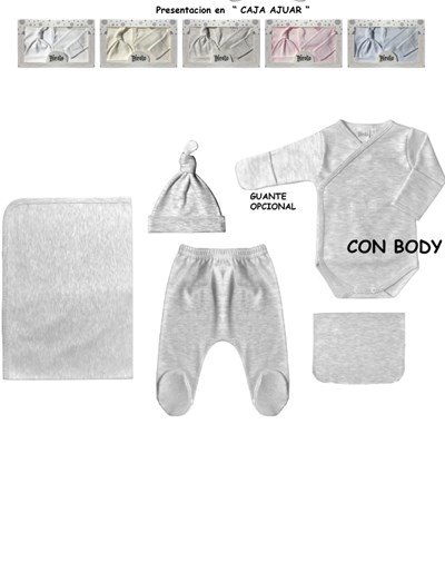 Set ajuar 5 piezas en agodon mantilla doble body manga larga pantalon con pie gorro y babita. Picolo
