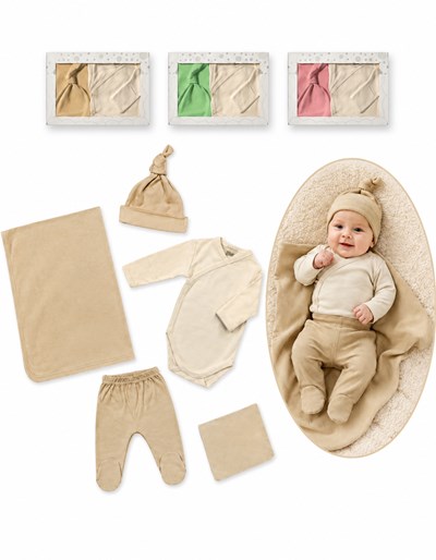 Ajuar 5u Body abto c/ gte - pant - gorro - mantilla doble - babita. interlock. Picolo