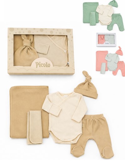 Ajuar 5u Body abto c/ gte - pant - gorro - mantilla doble - babita. interlock. Picolo