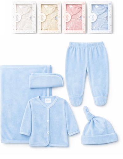 SET AJUAR 5 PIEZAS PARA BEBES EN PLUSH Y ALGODON  INCLUYE MANTA SAQUITO RANITA GORRITO Y BABITA PICOLO