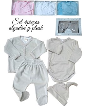 Set 4u saquito y pantalon en plush, body y gorro en algodón. Picolo