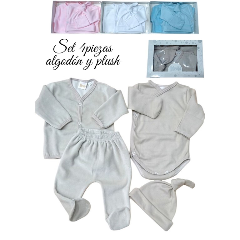 Set 4u saquito y pantalon en plush, body y gorro en algodón. Picolo