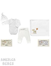 SET AJUAR 4 PIEZAS PARA BEBES CONTIENE MANTILLA ALGODON BODY ABIERTO PANTALON CON GUANTE Y GORRITO PICOLO