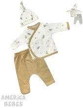SET AJUAR 3 PIEZAS PARA BEBE ALGODON ESTAMPADO DINO/ FUTBOL CONTIENE BATITA CON GUANTE PANTALON CON GUANTE Y GORRITO PICOLO