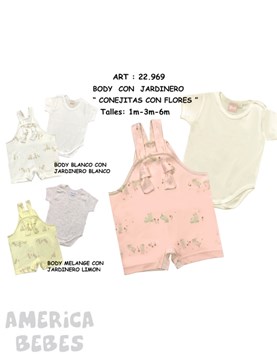 CONJUNTO ALGODON JARDINERO CON BODY MANGA CORTA ESTAMPADO CONEJO CON FLORES PICOLO