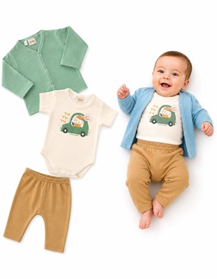CONJUNTO 3 PZS. BODY MANGA CORTA, SAQUITO MANGA LARGA, PANTALON. PICOLO