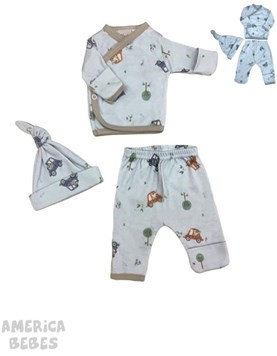 SET AJUAR 3 PIEZAS ALGODON DIGITAL PARA BEBE VARON CONTIENE BATITA Y PANTALON CON GUANTE Y GORRO ESTAMPARO AUTITOS PICOLO