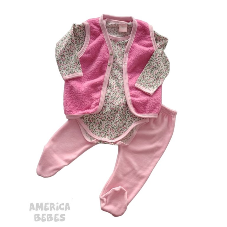 CONJUNTO 3 PIEZAS BODY MANGA LARGA PANTALON Y CHALECO DE PLUSH FLORCITAS PICCOLO