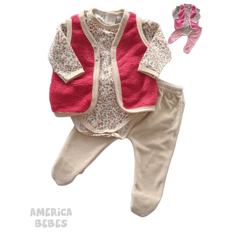 CONJUNTO 3 PIEZAS BODY MANGA LARGA PANTALON Y CHALECO DE PLUSH FLORCITAS PICCOLO