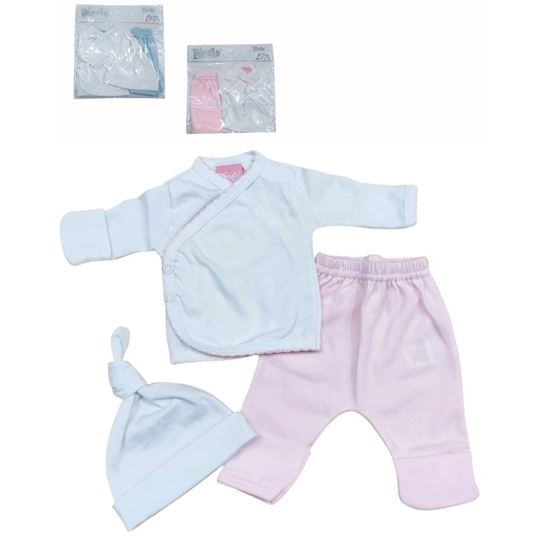 SET AJUAR 3 PIEZAS BATITA PANTALON CON GUANTE Y GORRITO PICOT PICCOLO