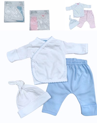 SET AJUAR 3 PIEZAS BATITA PANTALON CON GUANTE Y GORRITO PICOT PICCOLO