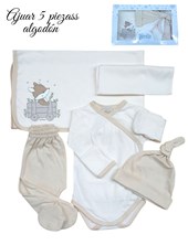 Ajuar 5p body ab. Pant gorro manilla donle y babita. Pocolo