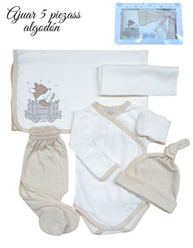 Ajuar 5p body ab. Pant gorro manilla donle y babita. Pocolo