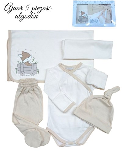 Ajuar 5p body ab. Pant gorro manilla donle y babita. Pocolo