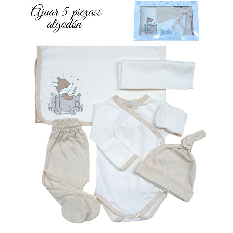 Ajuar 5p body ab. Pant gorro manilla donle y babita. Pocolo
