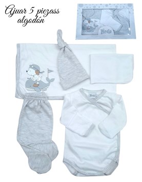 Ajuar 5p body ab. Pant gorro manilla donle y babita. Picolo