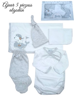 Ajuar 5p body ab. Pant gorro manilla donle y babita. Picolo