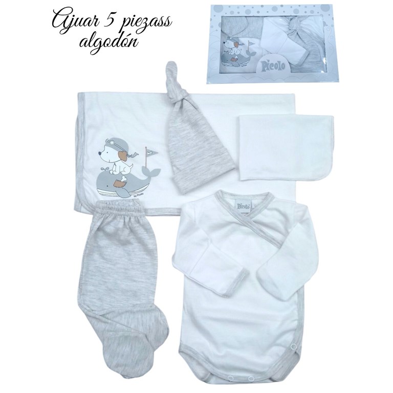 Ajuar 5p body ab. Pant gorro manilla donle y babita. Picolo