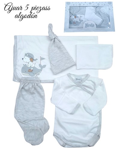 Ajuar 5p body ab. Pant gorro manilla donle y babita. Picolo