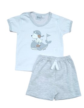 Conjunto remera manga corta estampa ballena y perrito + short. PICOLO