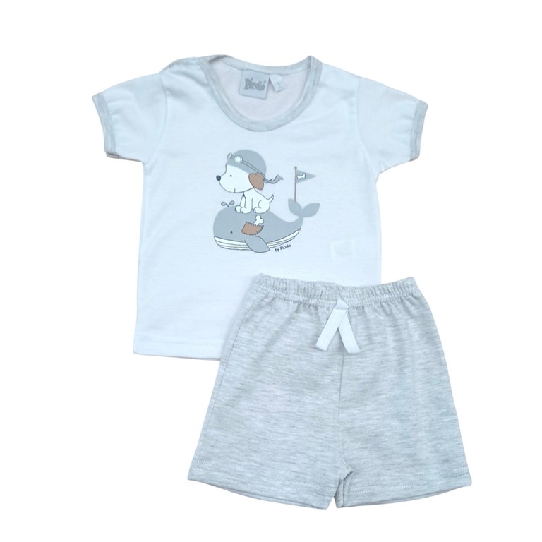 Conjunto remera manga corta estampa ballena y perrito + short. PICOLO