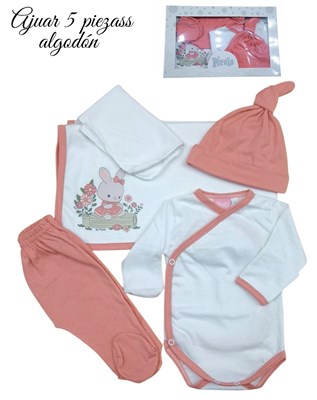 Ajuar 5p body ab. pantalon gorro manilla donle y babita. Picolo