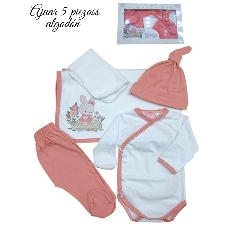 Ajuar 5p body ab. pantalon gorro manilla donle y babita. Picolo