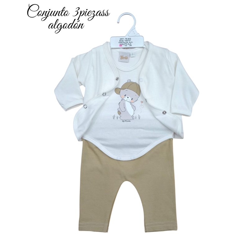 Conjunto saquito manga larga, body manga corta y pantalon estampa osito. Picolo