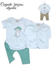 Conjunto saquito manga larga, body manga corta y pantalon estampa osito. Picolo
